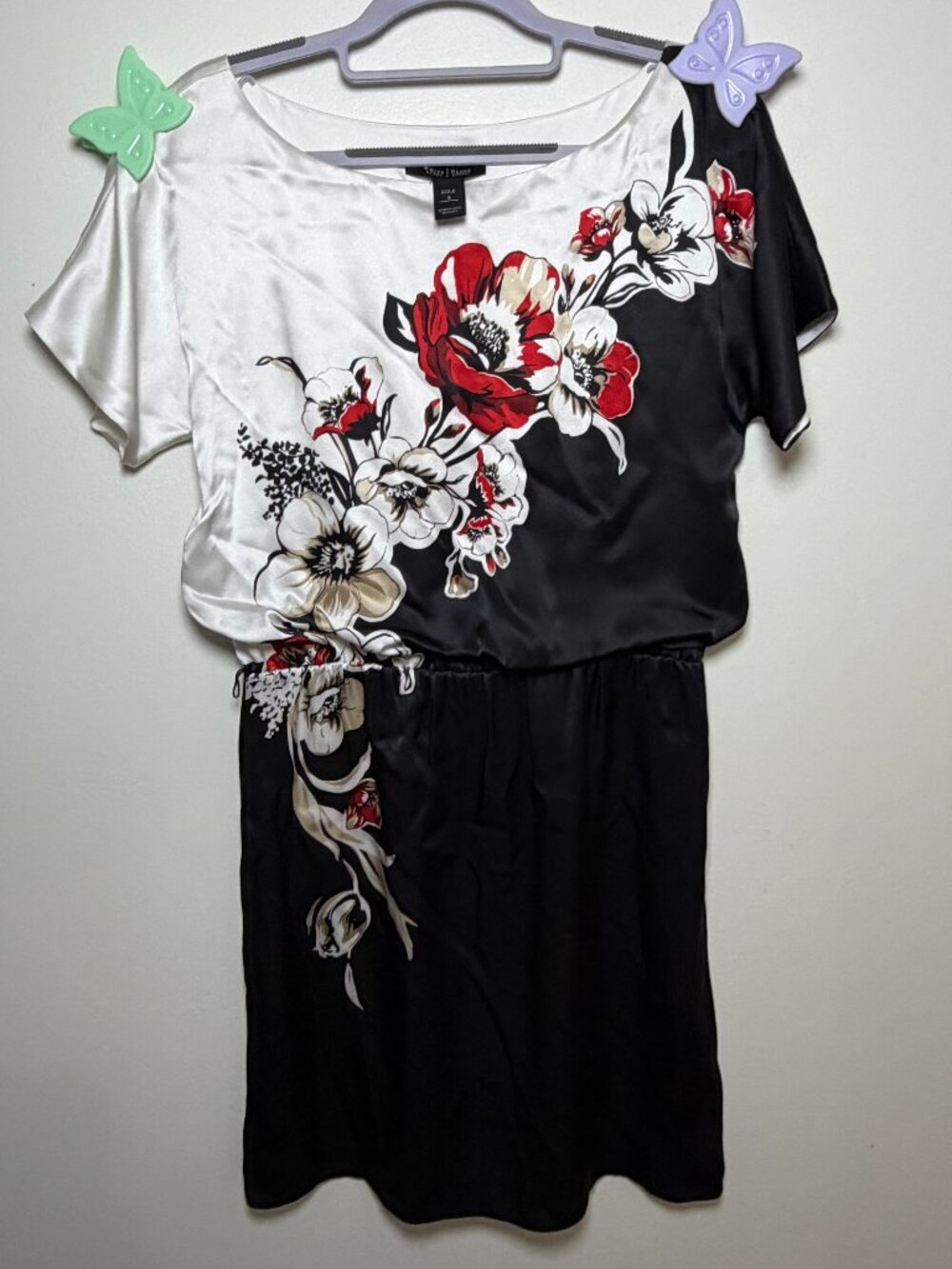 y2k White House Black Market 100% Silk Red Floral Colorblock Dress Size Small